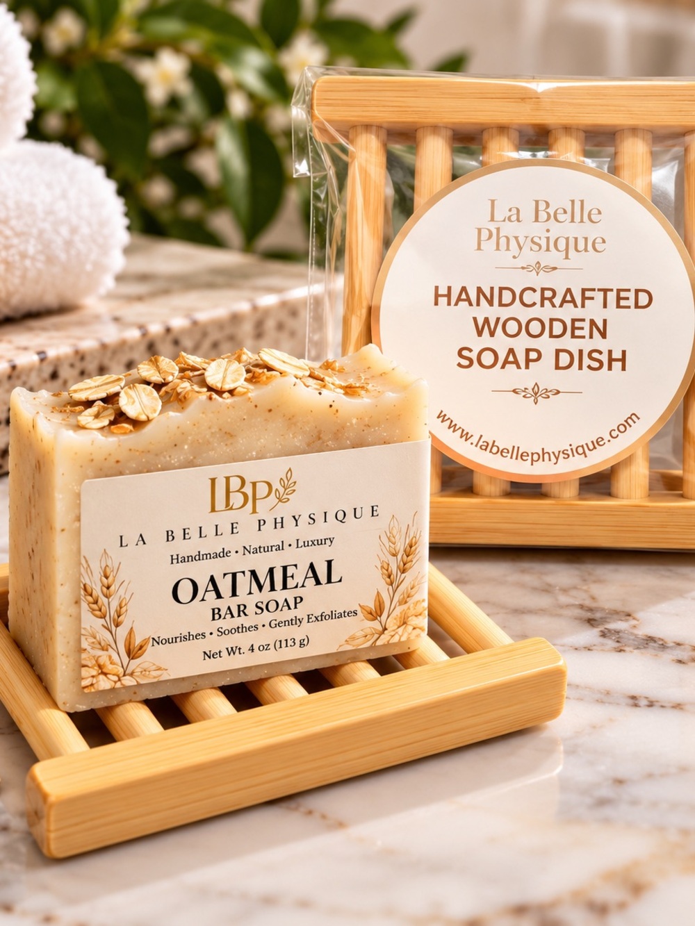 Oatmeal Bar Soap in Beige with Wooden Soap Dish